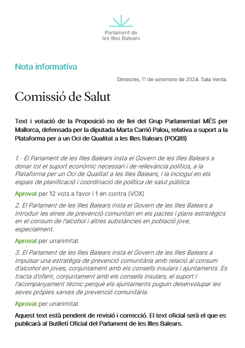 <a href="/ppbalears/">PP Balears</a> <a href="/IsabelBorras/">Isabel Borrás</a> Aprovada la Proposició no de llei del Grup Parlamentari <a href="/MESperMallorca/">MÉS per Mallorca</a>, defensada per la diputada <a href="/MartaCarrio/">Marta Carrió Palou</a>, amb el resultat i text següent