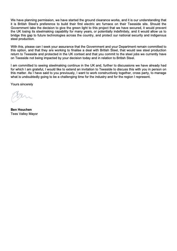 Ben Houchen (@benhouchen) on Twitter photo Devastating to hear of the closure of Port Talbot and the uncertainty surrounding British Steel. Thousands of jobs now at risk, including on Teesside, and the loss of steelmaking capabilities in the UK.
We have a solution – I hope the Government will work with me to deliver it. Devastating to hear of the closure of Port Talbot and the uncertainty surrounding British Steel. Thousands of jobs now at risk, including on Teesside, and the loss of steelmaking capabilities in the UK.
We have a solution – I hope the Government will work with me to deliver it.