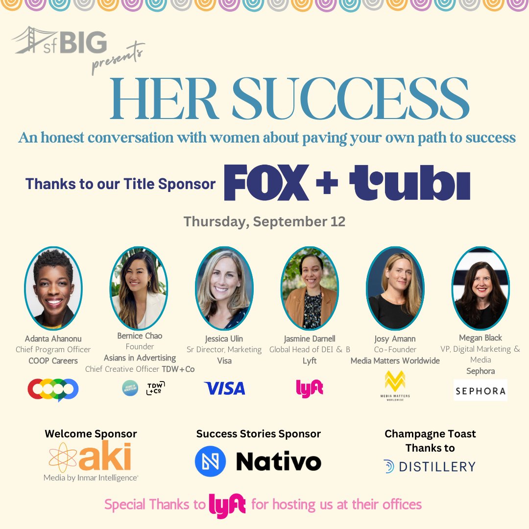 Tomorrow, 3pm! We are so excited to bring these amazing women to the sfBIG Community for an afternoon of discussion and networking. sfbig.org/event/her-succ…