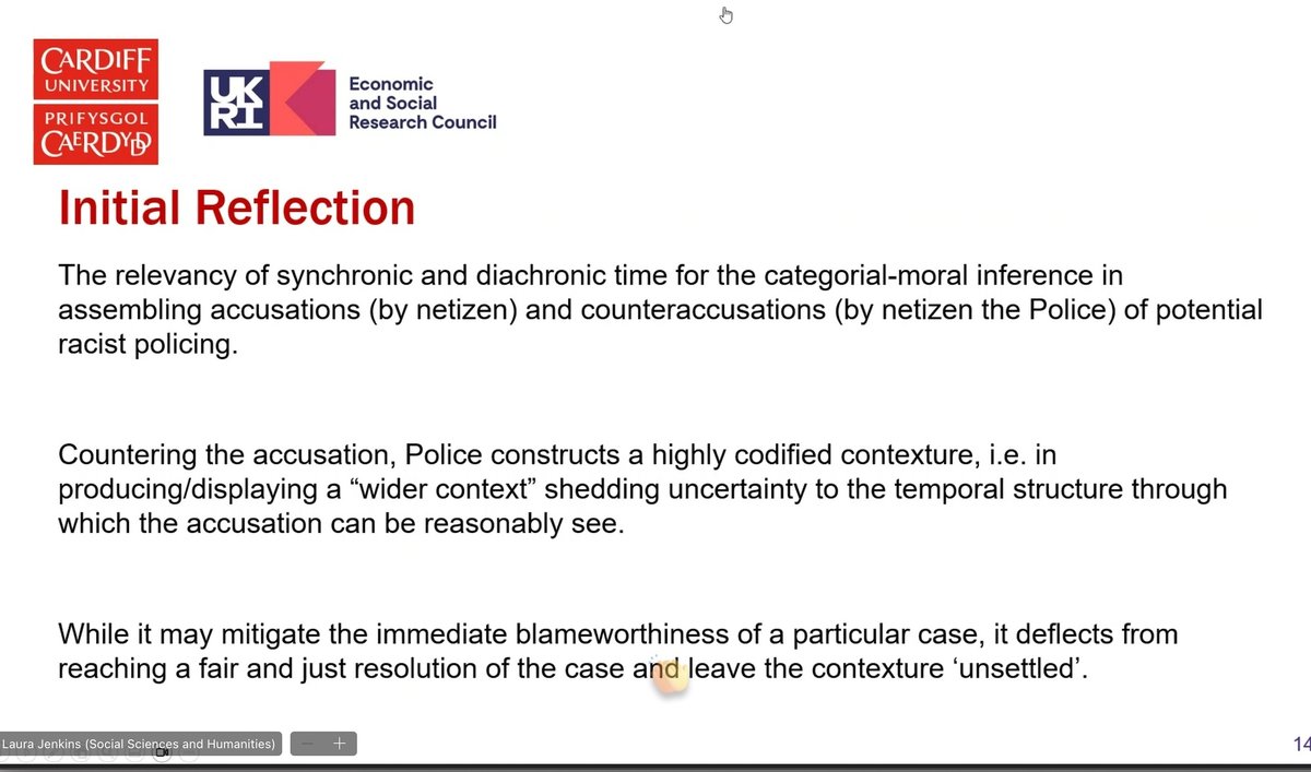 Terry Au-Yeung and Robin Smith's #ForensicCA2024 presentation shows how a police PR statement after a racialised assault by police officers works to destabilise/dilute the moral accountability of the police officer actions as constructed by quote tweets of the viral video #EMCA