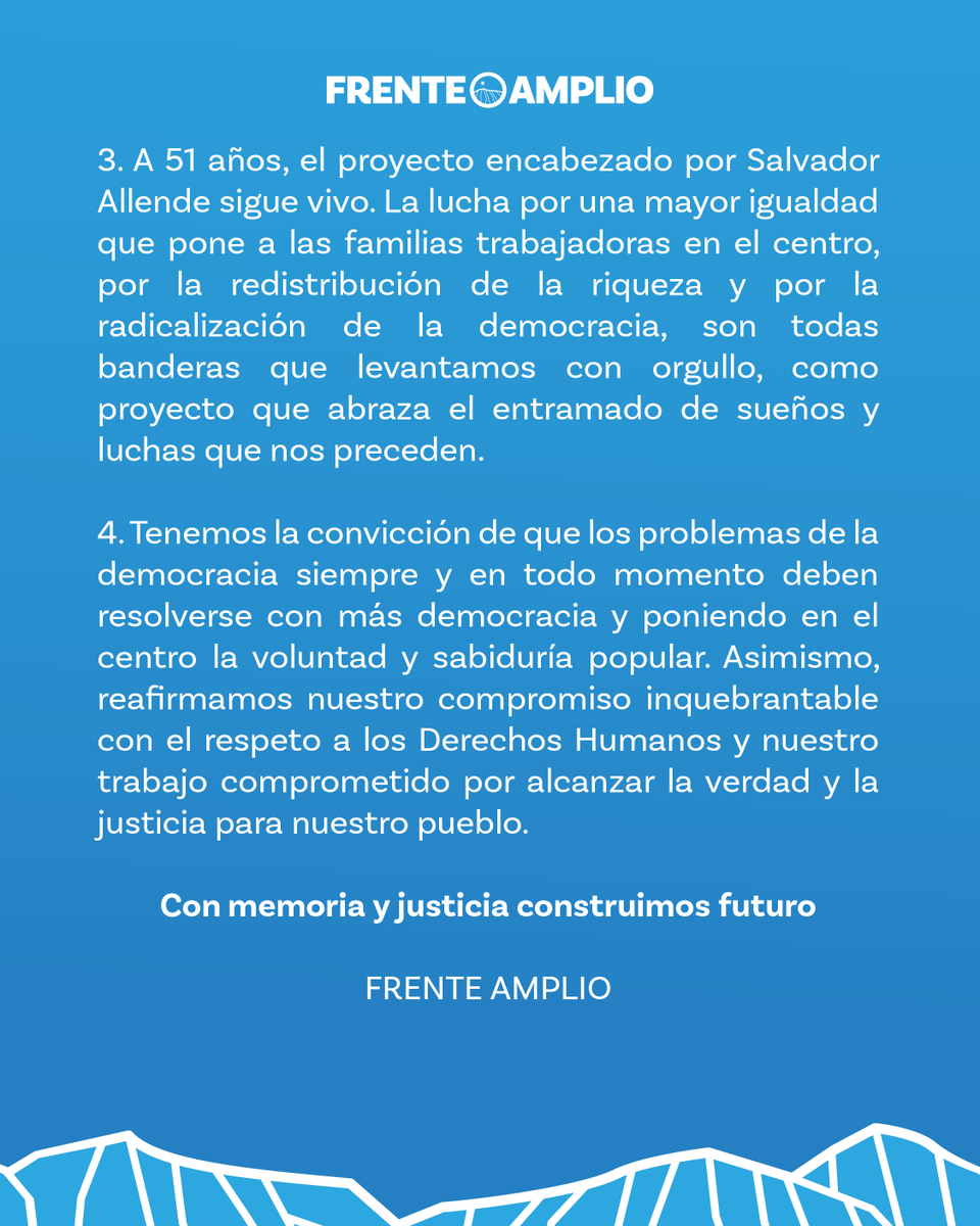 🔴Declaración Frente Amplio por los 51 años del Golpe de Estado.

Recordamos a cada víctima del golpe y posterior dictadura, que instauró a sangre y fuego el modelo neoliberal en Chile. Con más democracia, memoria y justicia, construimos futuro.