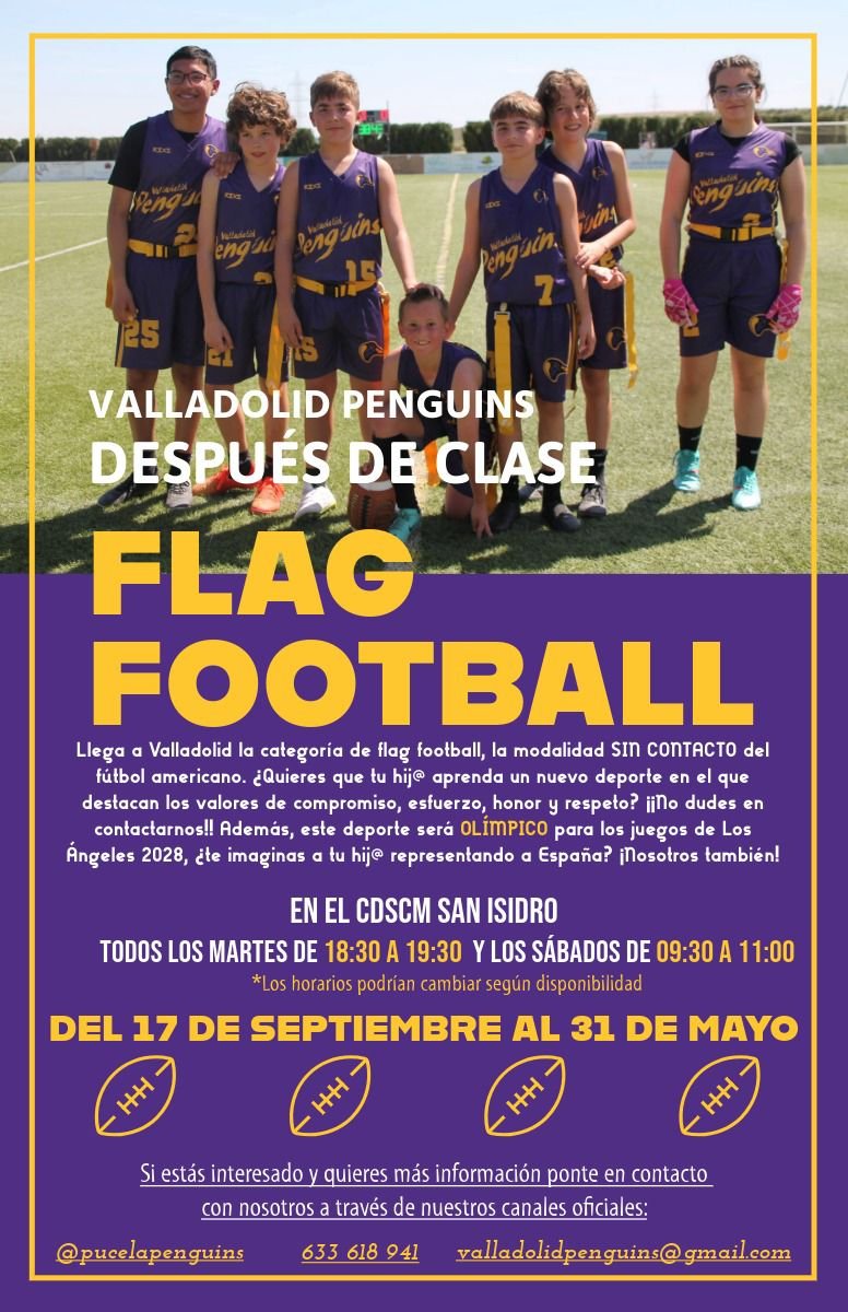 Yustin (@yustin) on Twitter photo 🏈 Ya hay merchandising online de los <a href="/pucelapenguins/">Valladolid Penguins Football</a>
✅ Recordad, el único equipo de fútbol americano de Castilla y León y son de Valladolid 💜
Y para los niños "Flag Football", que mola mucho. Están ahora en "captacion", en breve empezaran a entrenar
sperty.es/penguins/es/ 🏈 Ya hay merchandising online de los <a href="/pucelapenguins/">Valladolid Penguins Football</a>
✅ Recordad, el único equipo de fútbol americano de Castilla y León y son de Valladolid 💜
Y para los niños "Flag Football", que mola mucho. Están ahora en "captacion", en breve empezaran a entrenar
sperty.es/penguins/es/