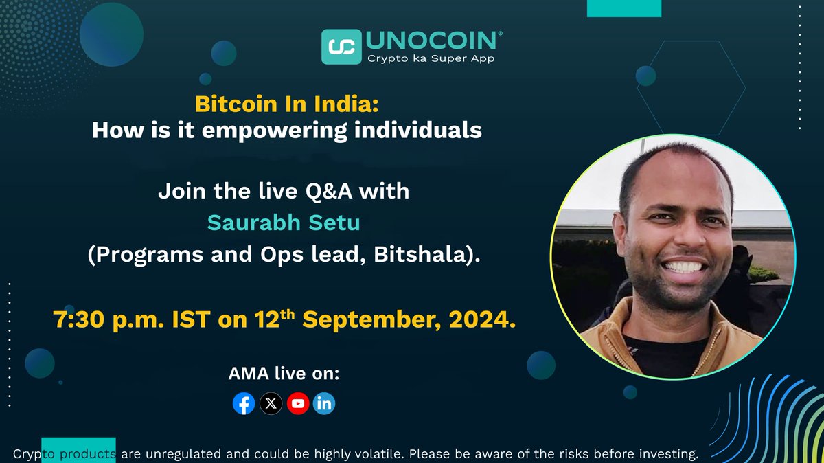 Bitcoin In India: How is it empowering individuals Join the live Q&A with  @SetuSaurabh (Programs and Ops lead, Bitshala) at 7:30 p.m. IST on 12th  September. #live #unocoin #cryptotalk #cryptocurrency #bitcoin #india
