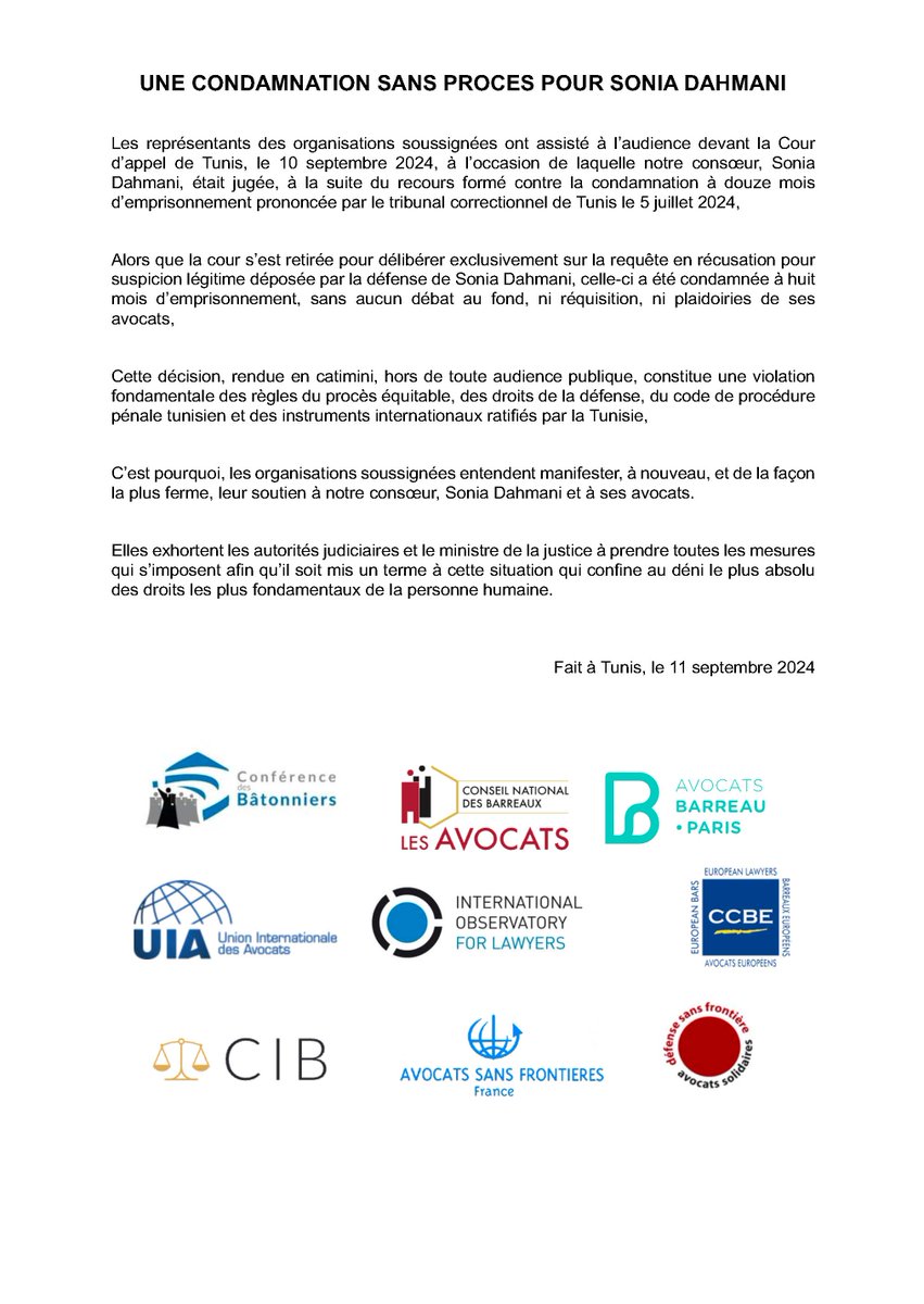 Avocats de Paris (@avocats_paris) on Twitter photo #Tunisie : Le barreau de Paris soutient notre consœur Sonia Dahmani condamnée sans procès à 8 mois d’emprisonnement par la cour d’appel de Tunis le 10 septembre 2024.
<a href="/batonnierparis/">Bâtonnier de Paris</a> <a href="/VBousardo/">Vanessa Bousardo</a> #Tunisie : Le barreau de Paris soutient notre consœur Sonia Dahmani condamnée sans procès à 8 mois d’emprisonnement par la cour d’appel de Tunis le 10 septembre 2024.
<a href="/batonnierparis/">Bâtonnier de Paris</a> <a href="/VBousardo/">Vanessa Bousardo</a>