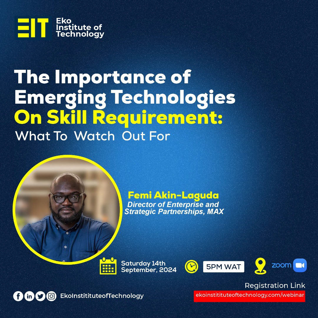 maxdrive_ai's tweet photo. How will emerging technologies shape the skills of tomorrow? Find out from our Director, Femi Akin-Laguda, at the Eko Institute of Technology's webinar!
14th Sept | 5 PM WAT
Register: https://t.co/H7COk24KZ8
#MAX #MAXe #TechTalk #MAXImpact #SkillDevelopment https://t.co/7H0tjEqxyk