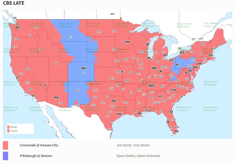 Steelersdepot's tweet photo. Steelers versus Broncos Week 2 TV coverage map for CBS Sports per @506sports #Steelers #NFL #HereWeGo https://t.co/lFq1vSIfpe https://t.co/26a21o1trj