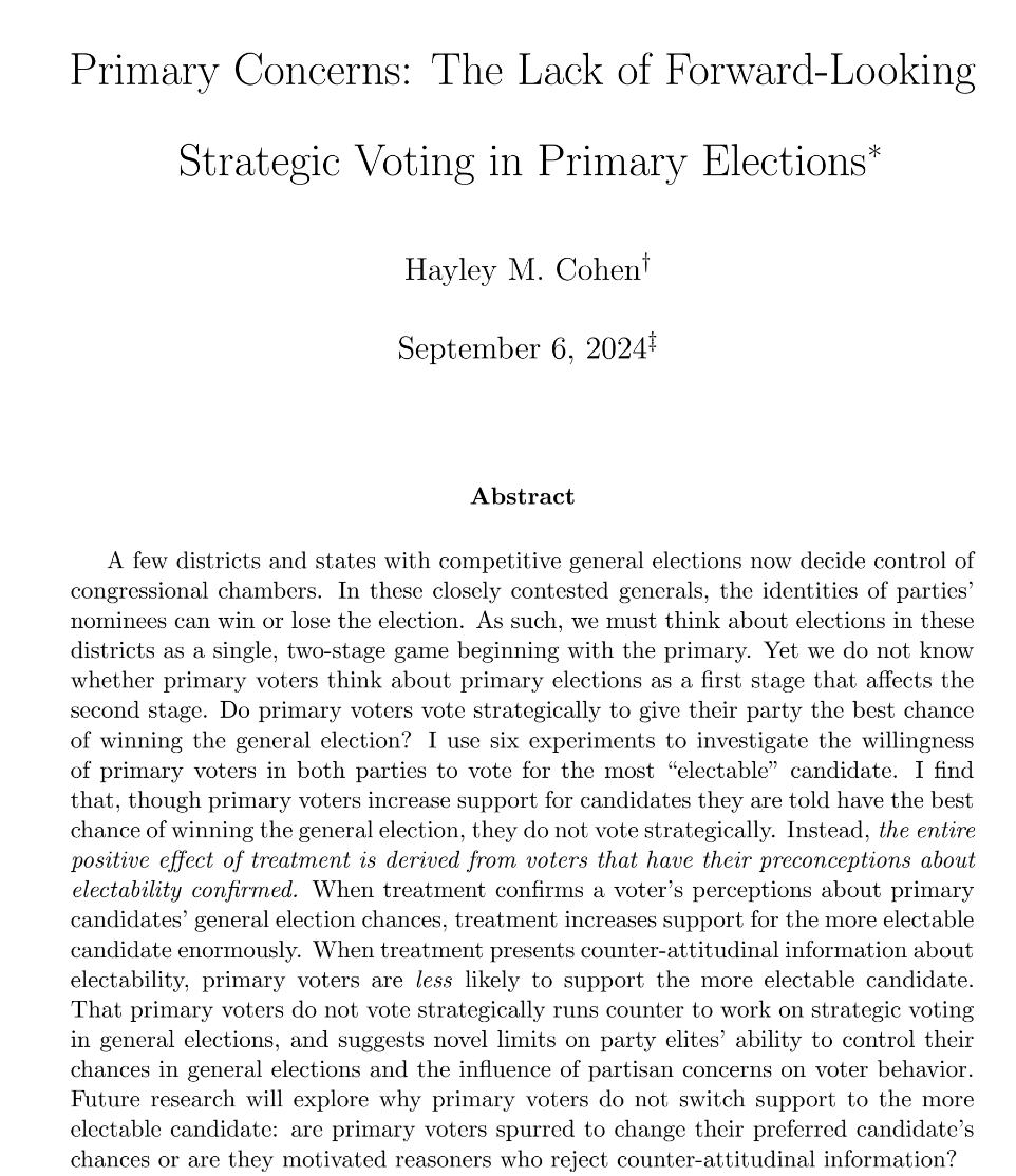 I am on the academic job market! I am a Ph.D. Candidate at Columbia University. I study American political behavior, focusing on elite and voter behavior in U.S. elections, especially primary elections. JMP below!
hayleymcohen.com