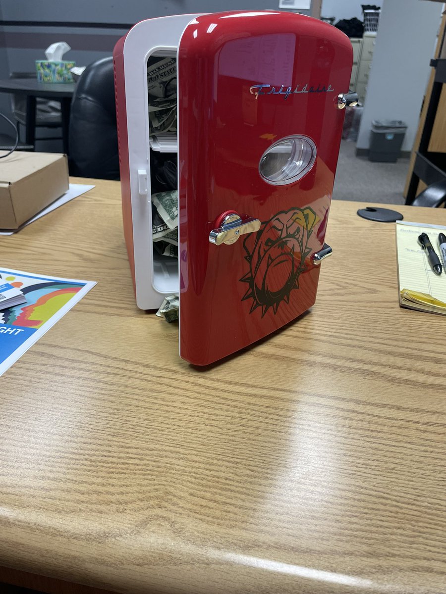 Here is our next mini fridge stuffed with cash for our winner today!!! Keep raising money for our fundraiser to be able to meet our goal!