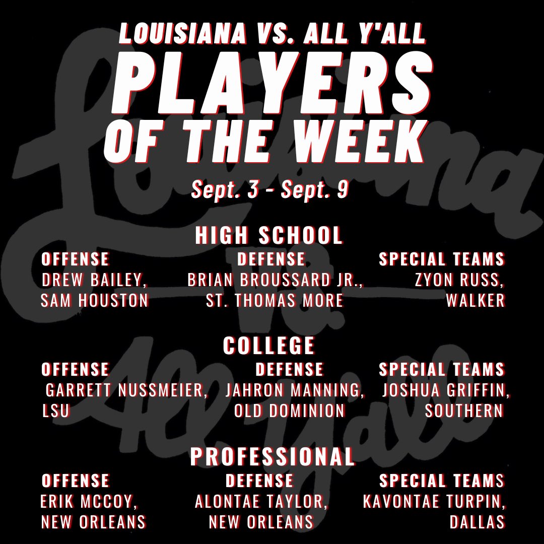 The first LVAY Players of the Week candidates of the LHSAA &amp; NFL regular seasons did not disappoint.

On the prep level… seniors led the way with: a 300yd, 6TD birthday; 4 interceptions; &amp; 2 return TDs.

Plus pivotal — &amp; even historically notable — college &amp; pro performances.