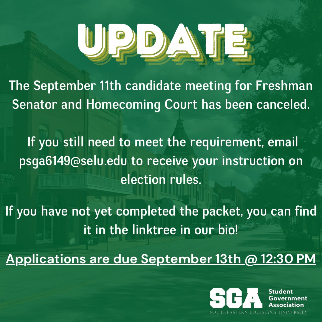 Calling all Lions!📢 🦁 

This is a friendly reminder that applications are still open for Homecoming 2024! Scroll through for the upcoming meeting dates for Homecoming Teams, Royalty, &amp; Freshman Senator! Meetings will be held in the OSE conference room.
