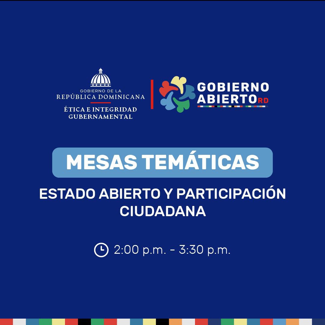 Participa en la mesa temática "Estado Abierto y Participación Ciudadana" y únete a la Co-Creación del #VPlandeAcción de la República Dominicana para el #GobiernoAbierto 2024-2028. 🇩🇴

Accede aquí 👉 acortar.link/eRq37N

#Transparencia
#ParticipaciónCiudadana