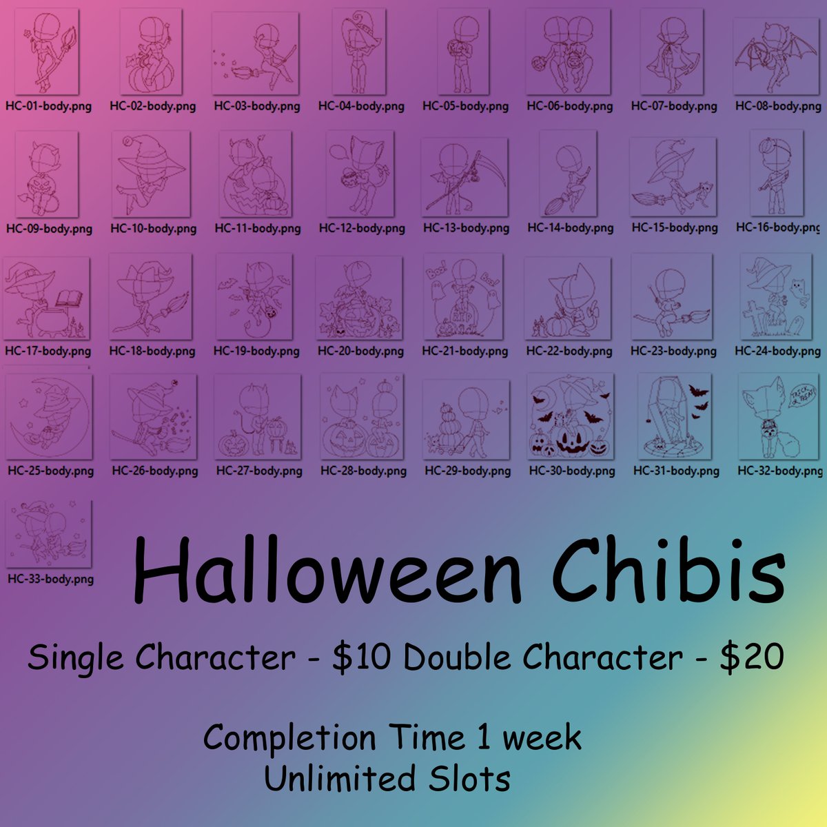 CasseneStudio's tweet photo. Halloween Chibis 
Single Character - $10
Double Character - $20
Unlimited Slots
Turn around time 1 week. 
Comment or DM to claim 
Payment 
Paypal, or Cashapp https://t.co/5NYPcbYngi