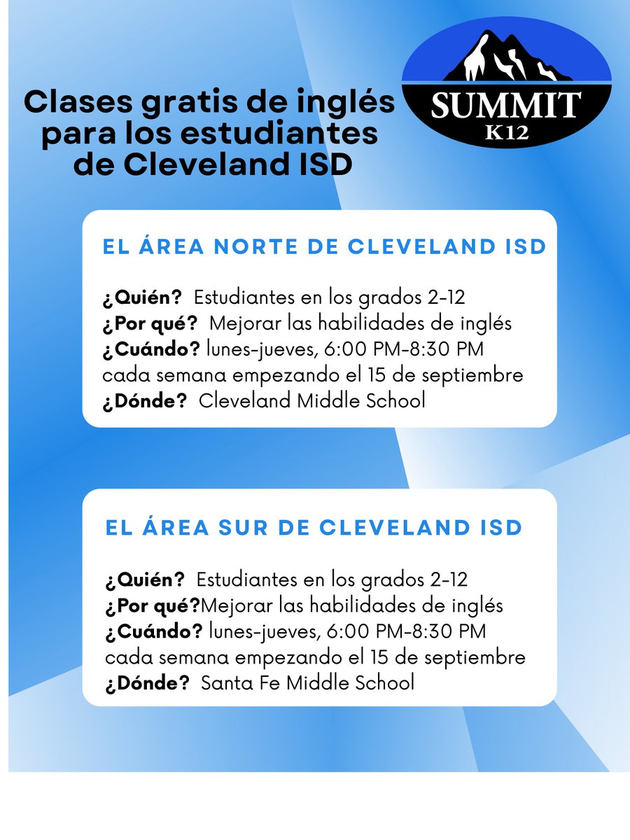ClevelandISDTX's tweet image. Summit K12 is helping to provide FREE weekly english classes for CISD students! Students in grades 2-12 are eligible. Please see the flyers below for more information. #FreeEnglishClasses #theClevelandISDway