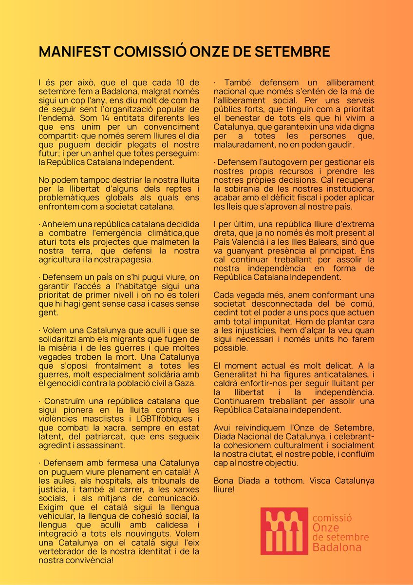 OnzeSetembreBdn's tweet photo. Per últim, us compartim el manifest d'enguany de la Comissió Onze de Setembre. 

Gràcies a totes les entitats i organitzacions per fer-ho possible! https://t.co/JbGJCco2ii