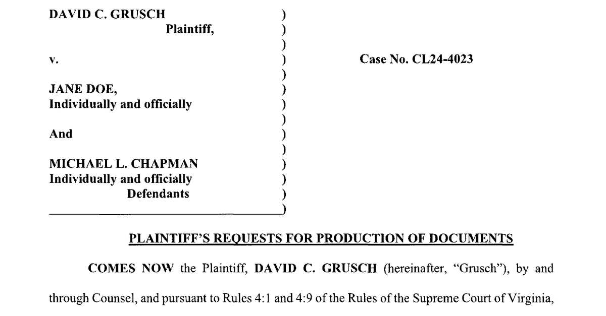 → David Grusch v. Sheriff Chapman Lawsuit Update

On August 21, Grusch demanded production of discovery material from the Sheriff. Amongst other items, Grusch is seeking:

🔸All communications and documents regarding David Grusch and/or the address associated with the incident
