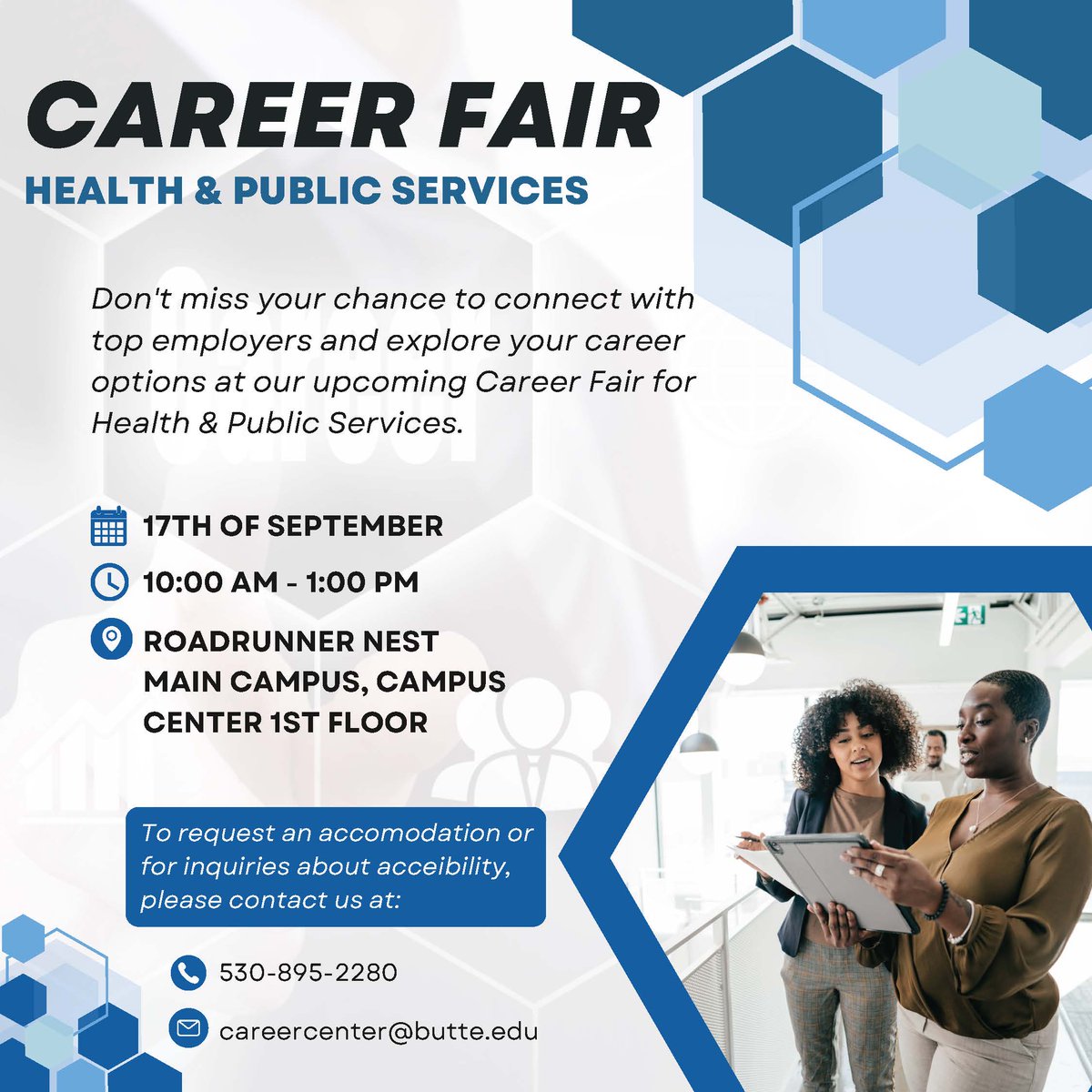 Current students can connect with top employers and explore career options at the upcoming Career Fair for Health &amp; Public Services! Check it out on the 17th, 10 a.m.-1 p.m., at the Roadrunner Nest on our main campus. #BCPride #ButteCollege