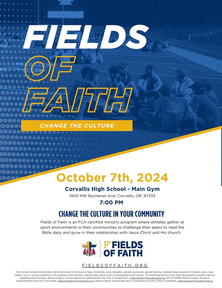Willamette Valley Fellowship of Christian Athletes (@wvfca_or) on Twitter photo Fields of Faith is back 🎉 Join Willamette Valley FCA and guest speakers Sydney Wiese (<a href="/swiesebaby24/">Sydney Wiese</a>) and Trey Munoz for a night you won't want to miss!
• Monday, October 7th at 7PM
• Corvallis High School- Main Gym Fields of Faith is back 🎉 Join Willamette Valley FCA and guest speakers Sydney Wiese (<a href="/swiesebaby24/">Sydney Wiese</a>) and Trey Munoz for a night you won't want to miss!
• Monday, October 7th at 7PM
• Corvallis High School- Main Gym