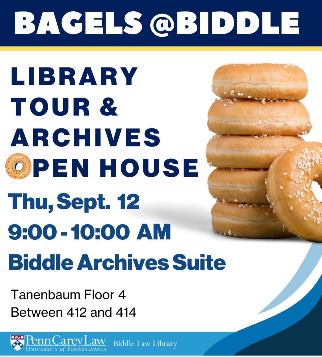 Join us tomorrow, Thursday 9/12 to learn about Biddle's Archives and get a library tour! Visit the new and improved Archives Suite and enjoy some bagels and coffee. RSVP encouraged, but not required: bit.ly/4gojNo2