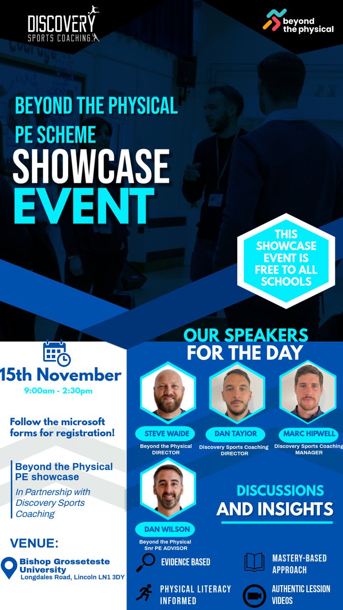🚨 Save the Date! 🚨
Join us for the Beyond the Physical PE Showcase at Lincoln BG University on 15th November! 🎓🏅
Secure your school's spot now: forms.office.com/r/fsdCWueXtt
Great CPD for Primary Education! 🌟
#PrimaryEducation #PE #CPD #EduTwitter #TeacherTraining