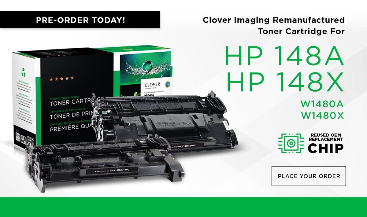 COMING SOON - Clover Imaging's remanufactured HP 147A &amp; HP 148X cartridges. These cartridges contain a reused OEM chip, that is firmware resistant. Never worry about disruption with HP's firmware updates. Order Here: bit.ly/4dWP7st