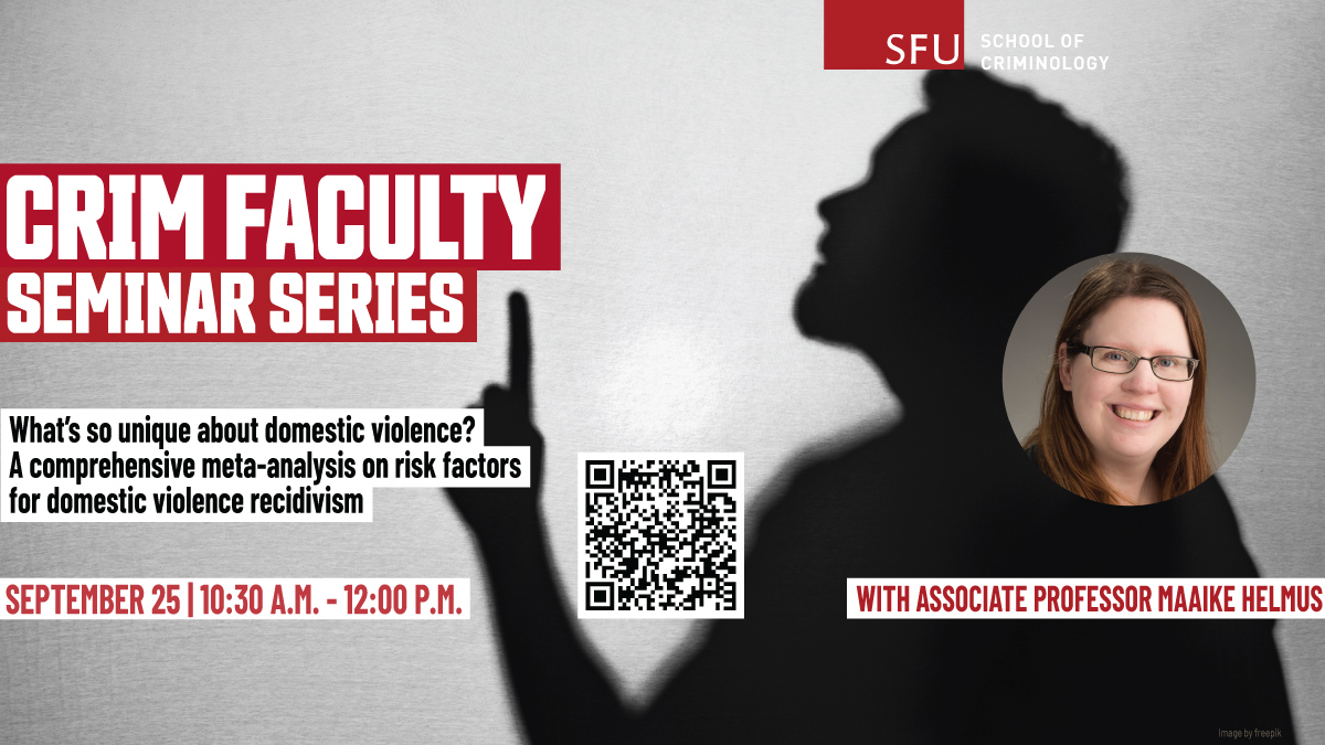 Join us on September 25 for a virtual seminar with associate professor <a href="/MaaikeHelmus/">L. Maaike Helmus</a>! Her talk will challenge assumptions about domestic violence risk factors and discuss the findings of a meta-analysis. Register here:
ow.ly/sgV950T88eI

#SFUCriminology #DomesticViolence