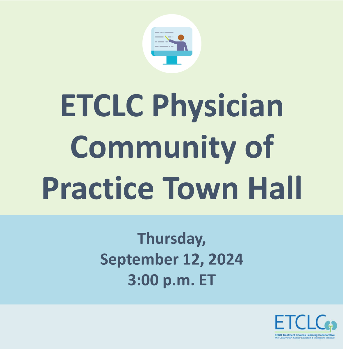ESRD Treatment Choices Learning Collaborative (@etclc1) on Twitter photo Join <a href="/ETCLC1/">ESRD Treatment Choices Learning Collaborative</a> tomorrow for a Physician Community of Practice Town Hall - "Building the Right Team for #Transplant Program Growth." <a href="/MattCoopMD1/">Matt Cooper</a> will facilitate this call with Drs. Zoe Stewart Lewis, Rachel Forbes, and Randall Sung.
Register here: ow.ly/l0rq50TlcPP Join <a href="/ETCLC1/">ESRD Treatment Choices Learning Collaborative</a> tomorrow for a Physician Community of Practice Town Hall - "Building the Right Team for #Transplant Program Growth." <a href="/MattCoopMD1/">Matt Cooper</a> will facilitate this call with Drs. Zoe Stewart Lewis, Rachel Forbes, and Randall Sung.
Register here: ow.ly/l0rq50TlcPP