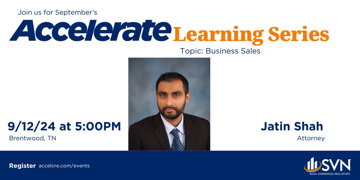AccelCRE's tweet photo. Our learning series returns tomorrow September 12, 5PM. Jatin Shah will be discussing Business Sales and what goes into the process. Join us so you can expand your knowledge, click the link below to reserve your spot and we will see you there! 
https://t.co/5IpNgCzB6B https://t.co/NXzenqkSKs