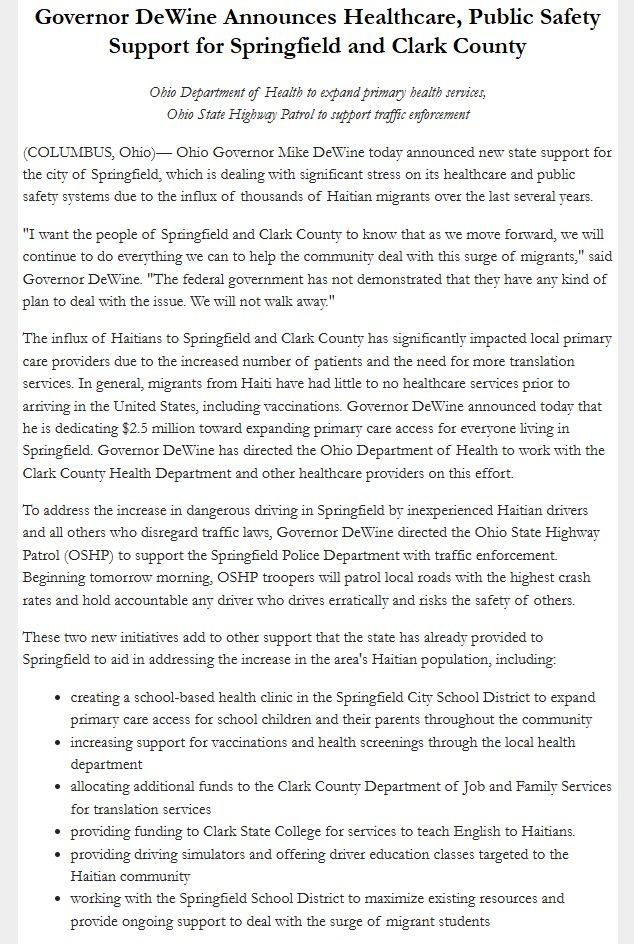 🚨BREAKING: Ohio Governor Mike DeWine is now sending State Troopers into Springfield, OH along with millions in funding to address the Haitian migrant crisis there, saying:

"The federal government has not demonstrated that they have any kind of plan to deal with the issue."