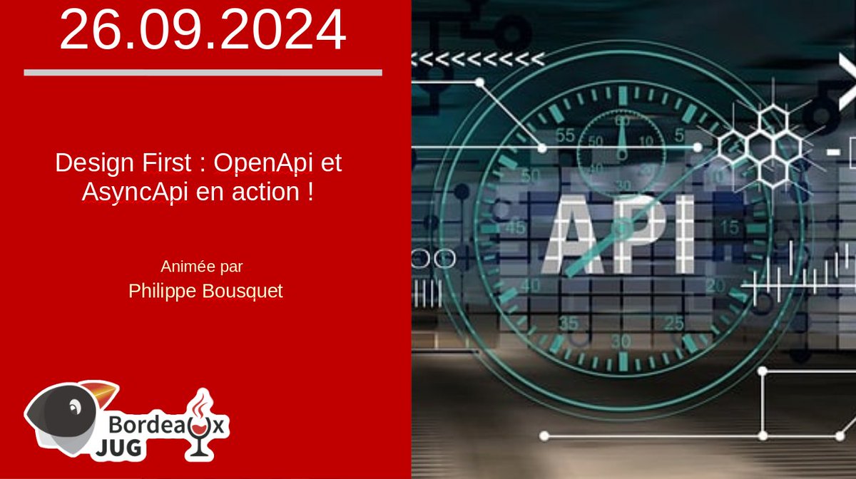 Jeudi 26 septembre, Philippe Bousquet viendra nous parler de "Design First : OpenApi et AsyncApi en action !"

La soirée est gratuite et ouverte à toutes et à tous

Venez nombreux nous rejoindre à l'<a href="/ENSEIRBMATMECA/">ENSEIRB-MATMECA</a> 

#API   #design  #openapi #asyncapi