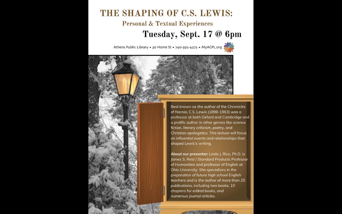 "The Shaping of C.S. Lewis," Tuesday, 9/17, 6 PM, Athens Public Library <a href="/myacpl/">MyACPL.org</a>: 

This lecture will focus on influential events and relationships that shaped Lewis’s writing.

For more info: events.myacpl.org/event/shaping-…