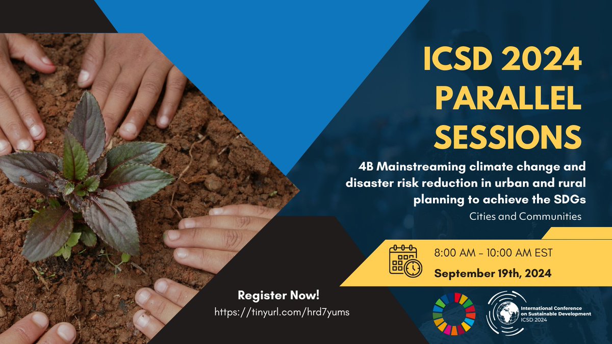 How can we integrate climate change and disaster risk reduction into urban and rural planning to achieve the #SDGs? Join #ICSD2024 sessions on innovative practices for resilient infrastructure, ecosystem solutions, and tech-driven decision-making
Register: tinyurl.com/yvh45dpd