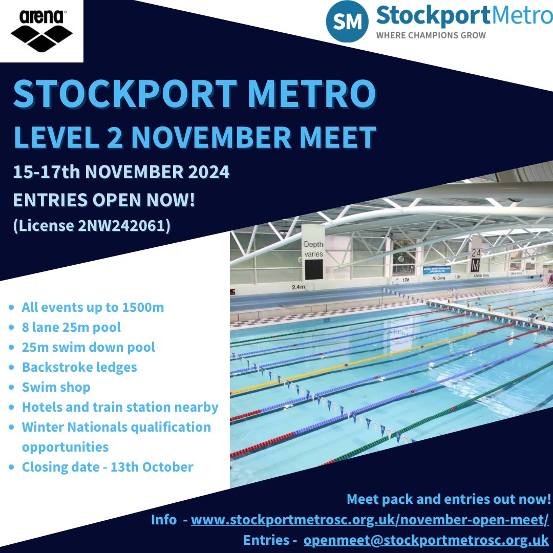 🚨 The <a href="/arenaUK_/">arena Water Instinct UK 🇬🇧 🇮🇪</a> Stockport Metro Level 2 November Short Course Meet (15-17th Nov) info is now available on our website here stockportmetrosc.org.uk/november-open-…

Entries close 13th October.  

Get ready for some fast swimming at the famous Grand Central Pools

@lifeleisureuk @onestockport