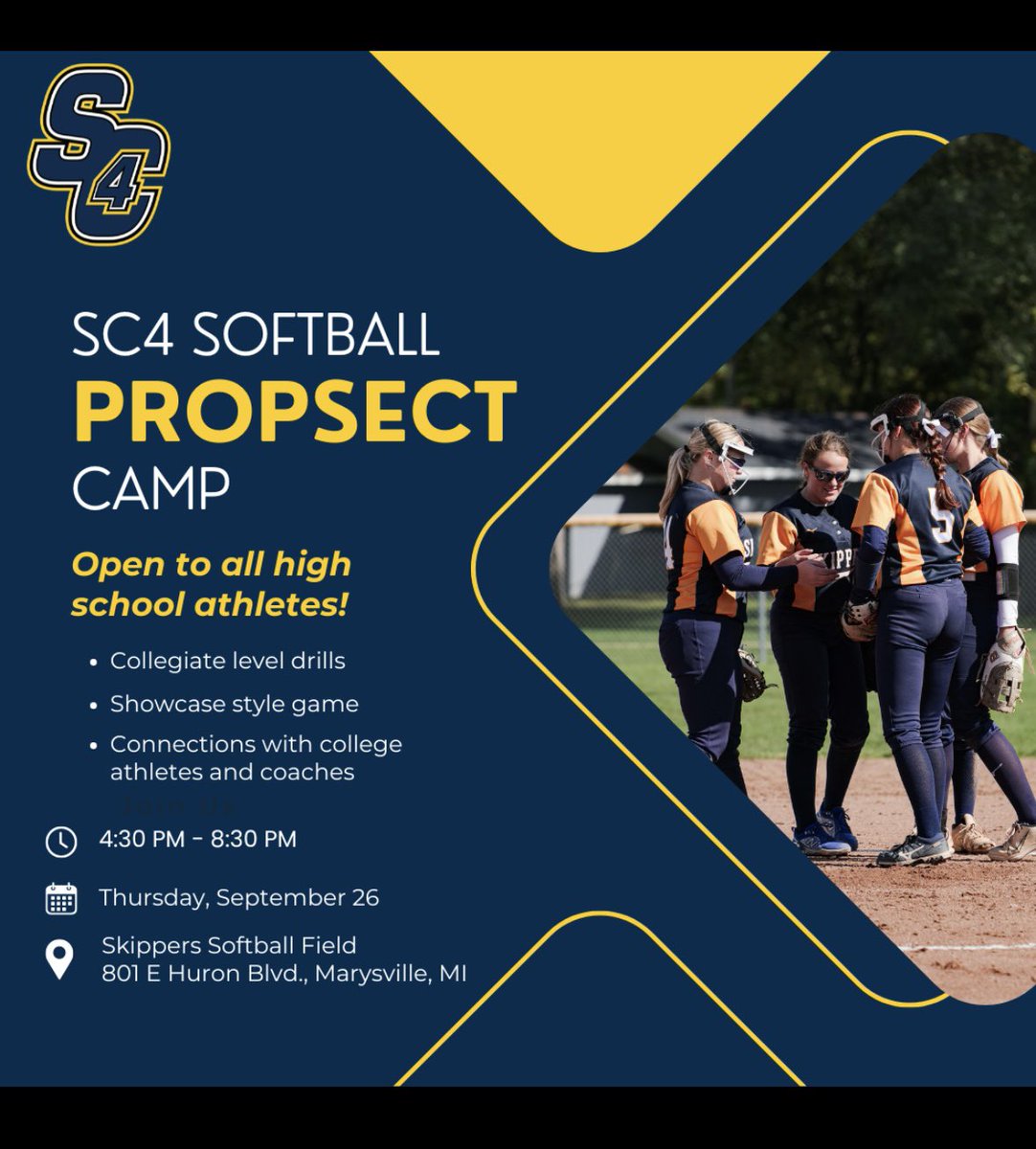 SC4CoachSarah's tweet photo. ‼️SC4 SOFTBALL PROSPECT CAMP! 
-Open to uncommitted High School softball players!
🗓️Thursday September 26, 2024
📍Marysville City Park, Marysville, MI
⏰ 4:30pm-9pm

Spend an evening with the @softball_sc4 team and see what college ball is all about! 🥎

https://t.co/zShIFsVwXA https://t.co/Wi1kqfE6t0