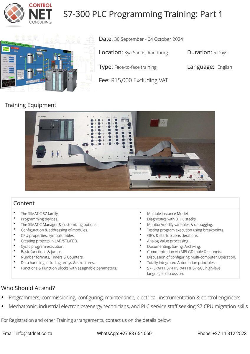 1ciit's tweet photo. 🚨 S7-300 PLC Programming Training 🚨

Dates announced for Part 1 of our hands-on course
📅 30 September - 4 October 2024 |📍 Kya Sands, Randburg | 5 Days

Limited seats—register now! Start your journey in mastering Siemens PLCs

#PLC  #Automation #Training #PLCProgramming #S7300 https://t.co/gdB4wheAo3