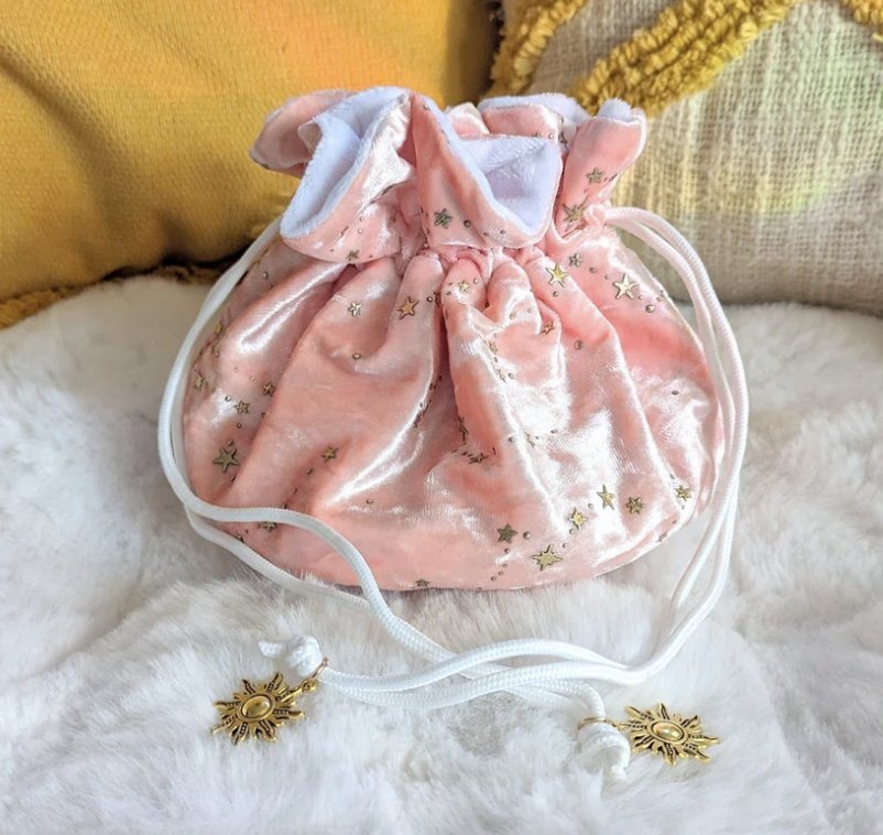 Back in stock 🩷🧡💛 Sorbet Sunset and Starry pink dice bag, a perfectly soft match fennekandfinch.com #dice #dnd