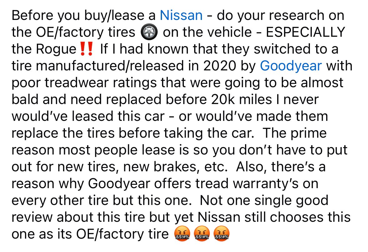 BlueEyes7783's tweet photo. Research the factory tires 🛞 before purchasing a @Nissan @NissanUSA @goodyear - they put 💩 tires on their vehicles that need replaced before 20k miles and literally don’t care!!  #nissan #goodyear #dunlopgrandtrekp21 #craptires #ScamAlert #lastnissanIlease https://t.co/xRry7h9O3m