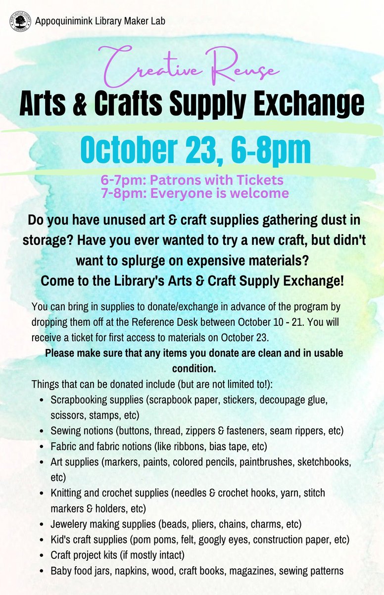 AppoLibrary's tweet image. Keep gathering children and adult arts and crafts supplies you want to donate/exchange!
Drop them off at the Appoquinimink Library October 10-21, then come back on 10/23 to find a new hobby for free!
#AppoquiniminkLibrary #ncclibraries #DELibraries #nccdelibraries