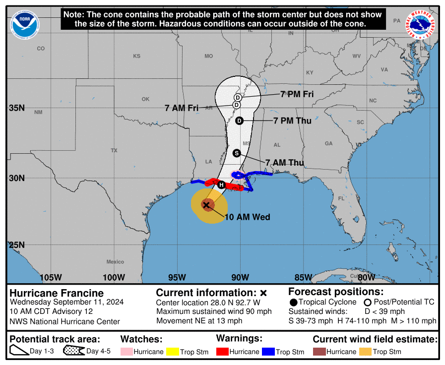 LimWeather's tweet photo. 90mph #Hurricane #Francine forecast to peak now before #Louisiana landfall
ALL interests there should rush preps to completion
#wxtwitter #Wxx #Tropicswx #HurricaneSeason2024 #HurricaneSeason #MSwx #LAwx #BatonRouge #HurricaneFrancine #Lafayette #NewOrleans #Gulfport #Mississippi https://t.co/JRd85p8OBE
