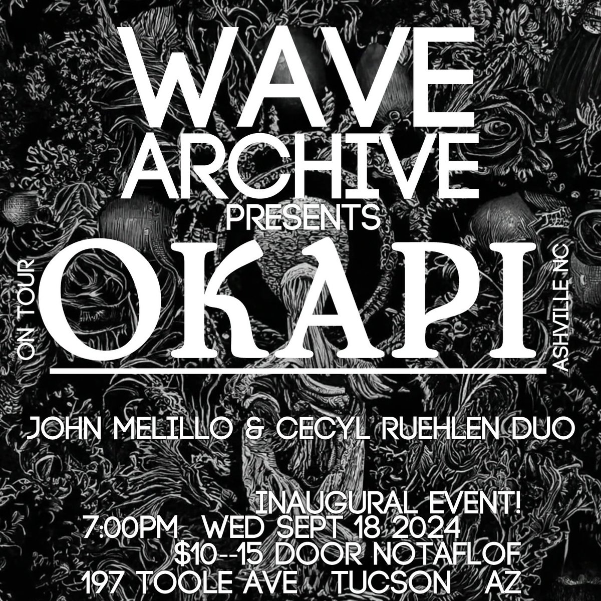 I’m really not on here much anymore but I started co-running a new experimental venue with my great friend <a href="/AlgaenTentacles/">John Melillo</a> called Wave Archive, our inaugural event is one week from today here in downtown Tucson with Asheville based Okapi