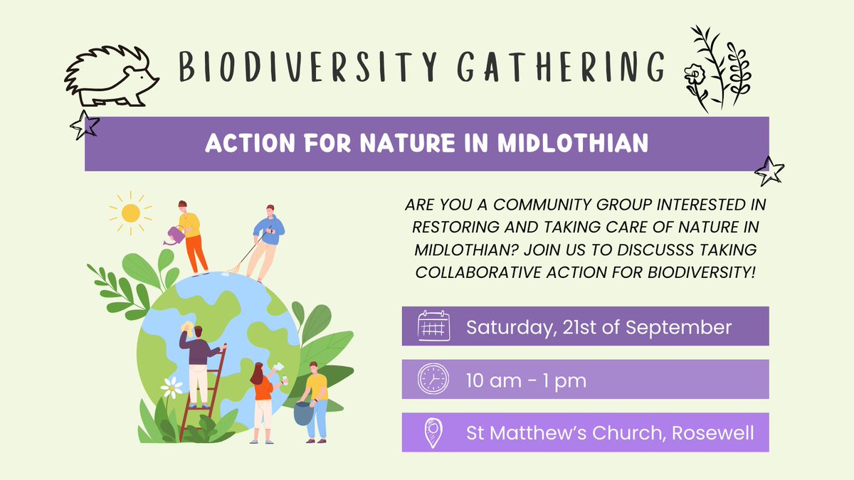 MidlothianCAN's tweet image. Are you a community group interested in restoring and taking care of nature in Midlothian? Join us to discuss taking collaborative action for biodiversity! 🐝🐛🌻

📅Saturday, 21st September
🕒10am-1pm
🗺 St. Matthew&apos;s Church, Rosewell

Register now: eventbrite.com/e/action-for-b…