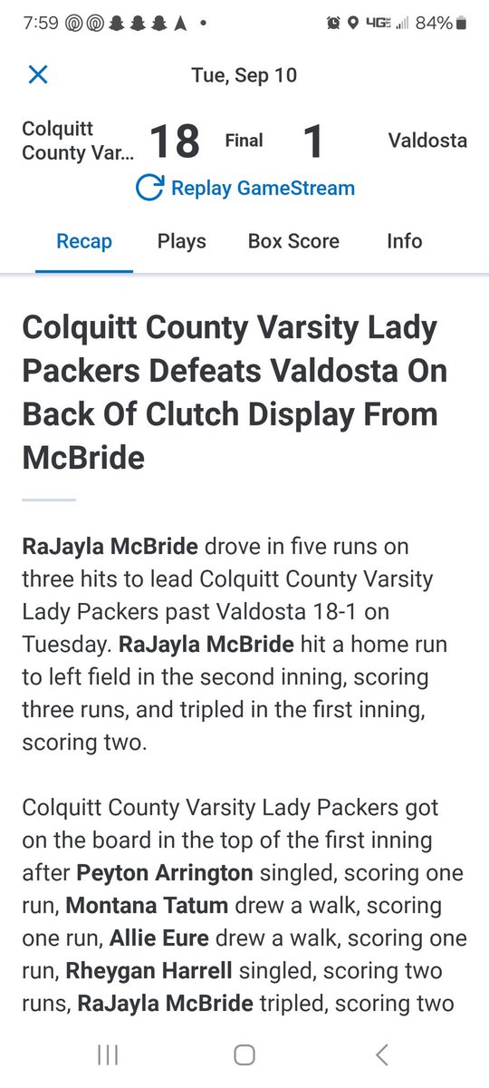 RaJayla McBride (@rajaylaaa_) on Twitter photo Big hit yesterday at our doubleheader again Valdosta winning 18-1 <a href="/purepowerpitch/">''Coach Mike'' Ellison</a> <a href="/EnterpriseStSB/">Enterprise State CC Softball</a> <a href="/BamaStateSB/">Alabama State Softball</a> <a href="/BCUsoftball/">Bethune-Cookman Softball ๐ฅ</a> <a href="/AlcornSoftball/">Alcorn State Softball</a> <a href="/KSUOwlsSB/">Kennesaw State Softball</a> <a href="/GSU_Softball/">GSU Softball</a> Big hit yesterday at our doubleheader again Valdosta winning 18-1 <a href="/purepowerpitch/">''Coach Mike'' Ellison</a> <a href="/EnterpriseStSB/">Enterprise State CC Softball</a> <a href="/BamaStateSB/">Alabama State Softball</a> <a href="/BCUsoftball/">Bethune-Cookman Softball ๐ฅ</a> <a href="/AlcornSoftball/">Alcorn State Softball</a> <a href="/KSUOwlsSB/">Kennesaw State Softball</a> <a href="/GSU_Softball/">GSU Softball</a>