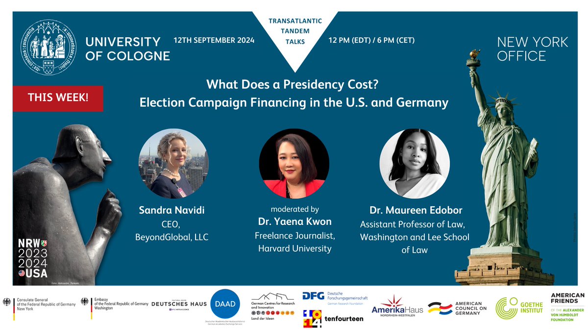 ⏰🧨Tomorrow! Do not miss our next Transatlantic Tandem Talk #TTT "What Does a Presidency Cost? #Election #CampaignFinancing in the #US and #Germany". 💰🗳️
🔗RSVP here: amerikahaus-nrw.de/de/eventdetail…
🇩🇪🇺🇸
#InternationalAffairs