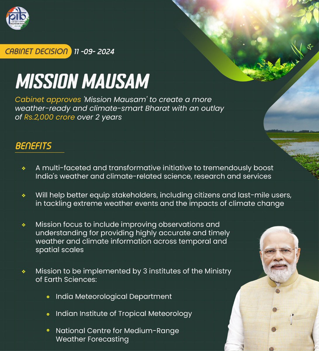 #Cabinet under PM Sh @NarendraModi approves 'Mission Mausam' to create a more weather-ready and climate-smart Bharat with an outlay of Rs.2,000 crore over two years

#CabinetDecisions #MoES