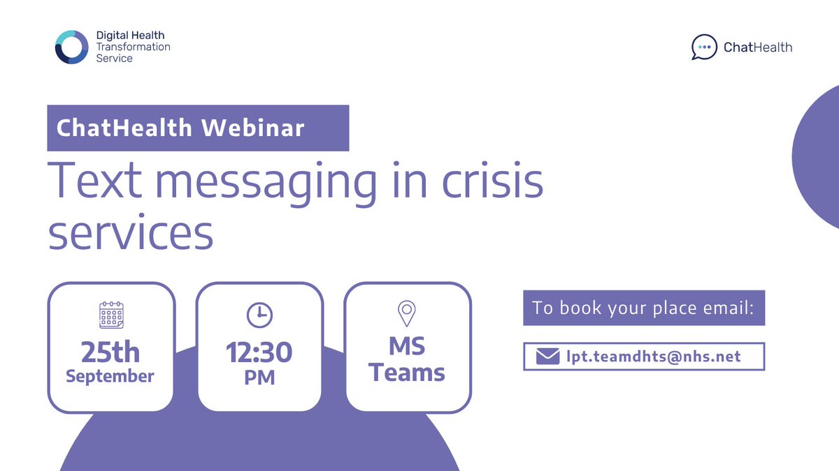 ChatHealthNHS's tweet photo. Calling mental health crisis teams in England!
Looking to set up a safe and secure messaging?
Join our webinar on 25 September to see how NHS-owned #ChatHealthNHS helps to improve access to #mentalhealth support.
#NHSinnovation #DHTSImpacts2324 #HealthMessaging https://t.co/W0SZCjM1NS