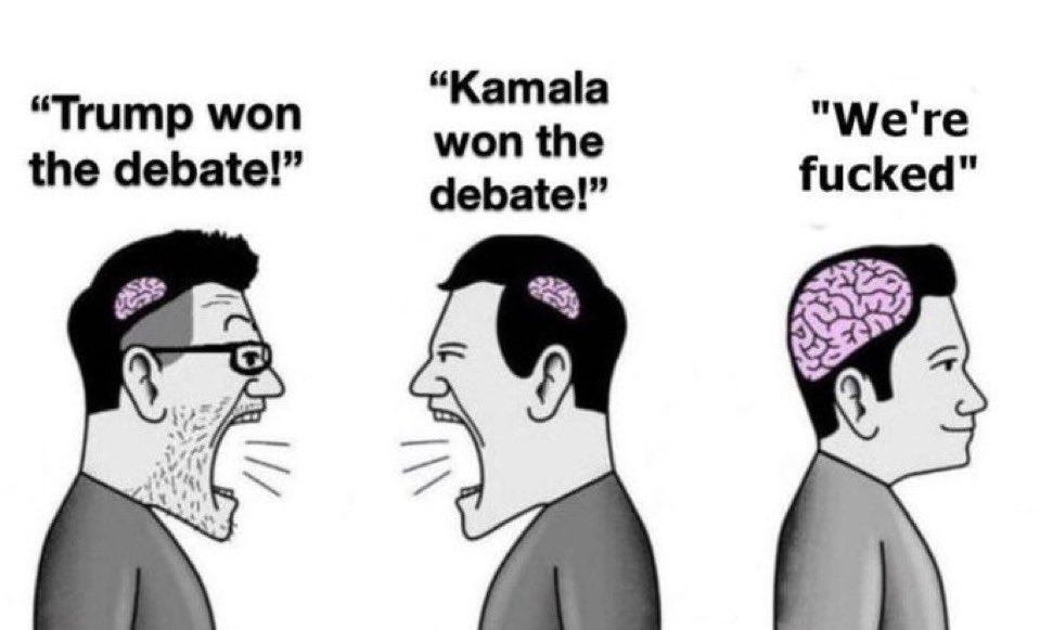 EndTribalism's tweet image. My thoughts on the Trump/Harris debate:

333.3 million Americans loss that debate.

The right wing is going to say the moderators were biased.

The left wing is going to say Harris made Trump look deranged.

They’re both correct. The moderators were insanely biased but Harris…