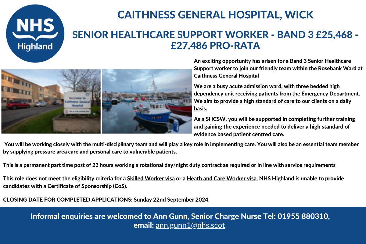 We are recruiting for a Senior Healthcare Support Worker, Caithness General Hospital Wick

Closing date Sunday 22nd September 2024

For more information and to apply apply.jobs.scot.nhs.uk/Job/JobDetail?…