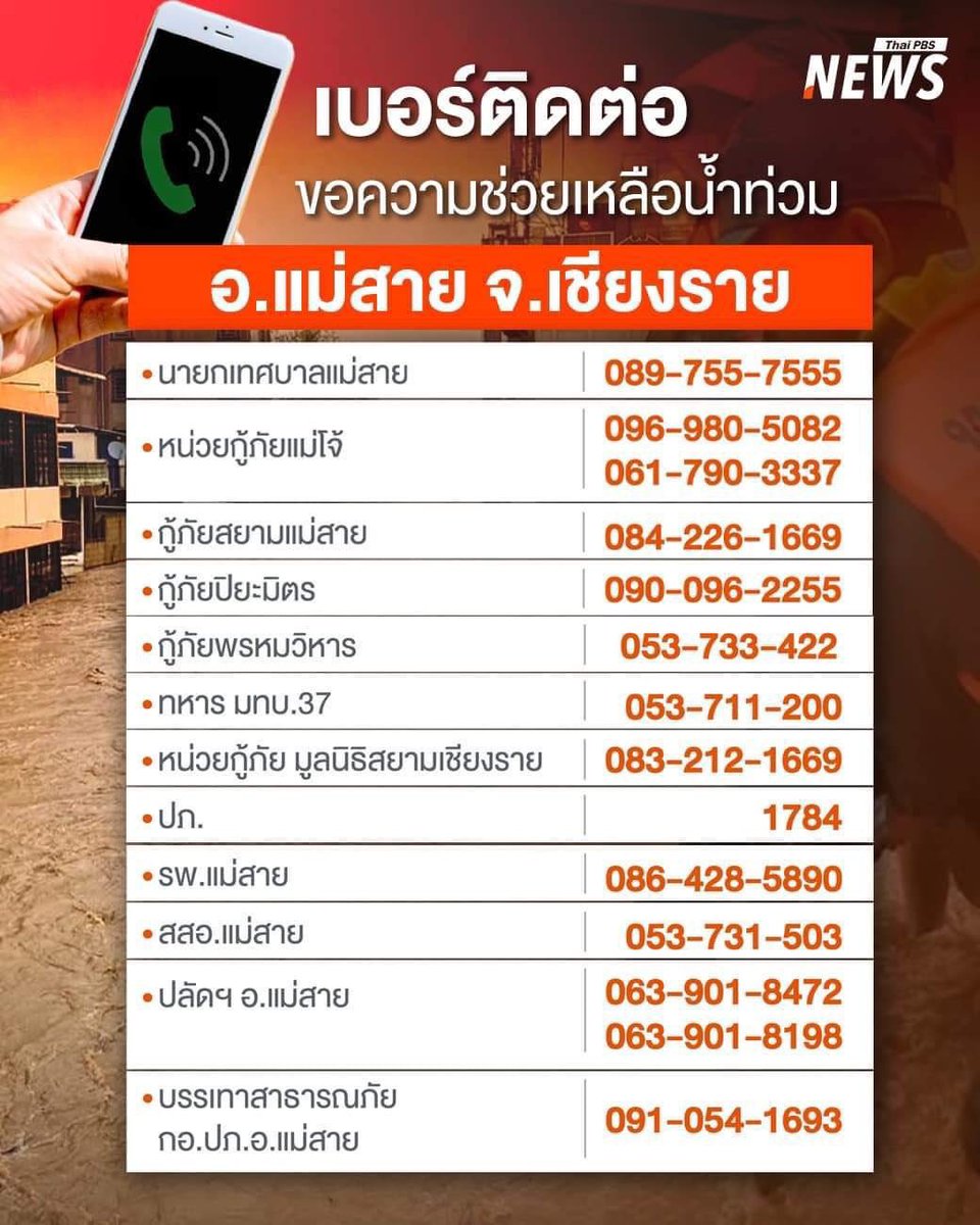 pppnipatt7's tweet photo. เบอร์โทรติดต่อขอความช่วยเหลือ #น้ําท่วมเชียงราย
#น้ําท่วมแม่สาย #น้ําท่วมภาคเหนือ https://t.co/g9vuO0P2EO