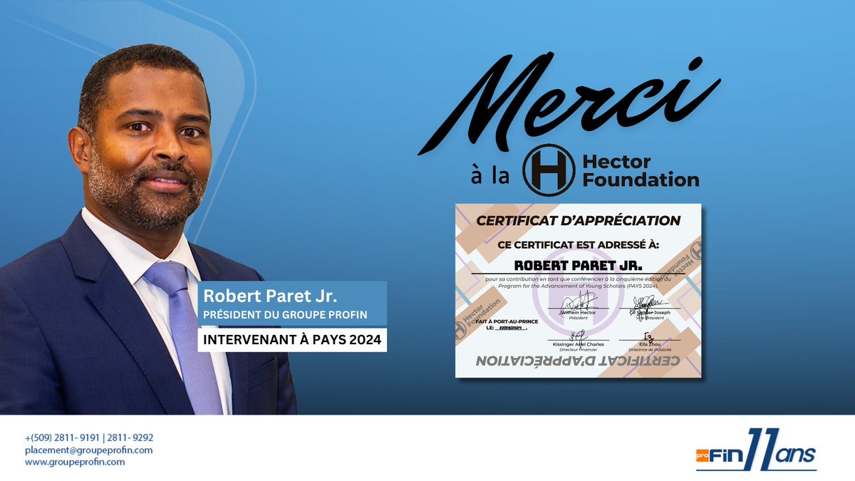 Merci à la @FondationHector de m'avoir choisi comme intervenant à PAYS 2024. Honoré d'inspirer de futurs leaders haïtiens, le Groupe ProFin, via FondAction, continuera à soutenir des initiatives qui œuvrent pour un Haïti🇭🇹 #autrement. #GroupeProFin #YonLòtJan
