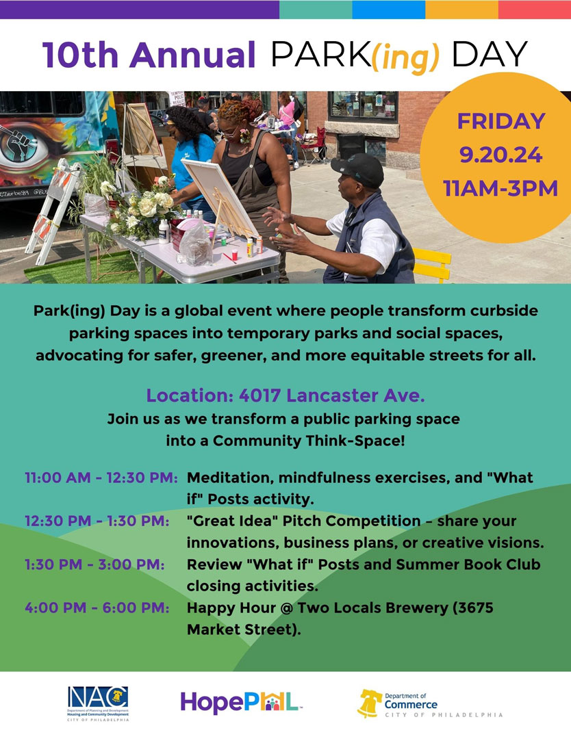 Join us as we transform a public parking space into a Community Think-Space! Let's advocate for safer, greener, and more equitable streets for all. 🌳🚗 #ParkingDay2024 #ThinkGreen #CommunityInnovation #HopePHL