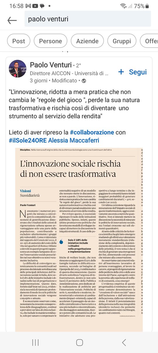 《L'innovazione, ridotta a mera pratica che non cambia le "regole del gioco", perde la sua natura trasformativa e rischia di diventare uno strumento a servizio della rendita》
<a href="/paoloventuri100/">paolo venturi</a> <a href="/sole24ore/">IlSole24ORE</a>